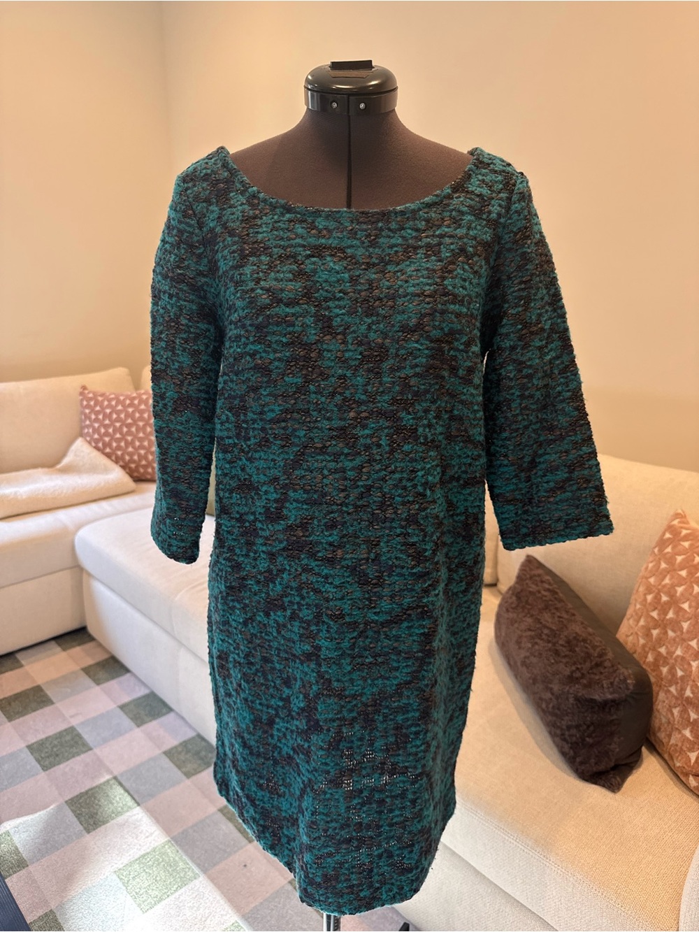Sessùn Textured Teal and Black Long Sleeve Bouclé Shift Dress